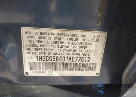 2001 Honda Accord 2.3 Lx from USA, damaged, VIN 1HGCG56401A077612